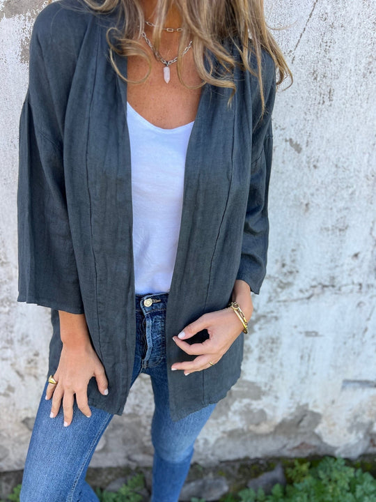 Linen Cardigan with Ruffles