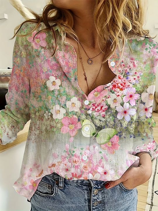 Mira™ | Floral Print Long Sleeve Collared Shirt