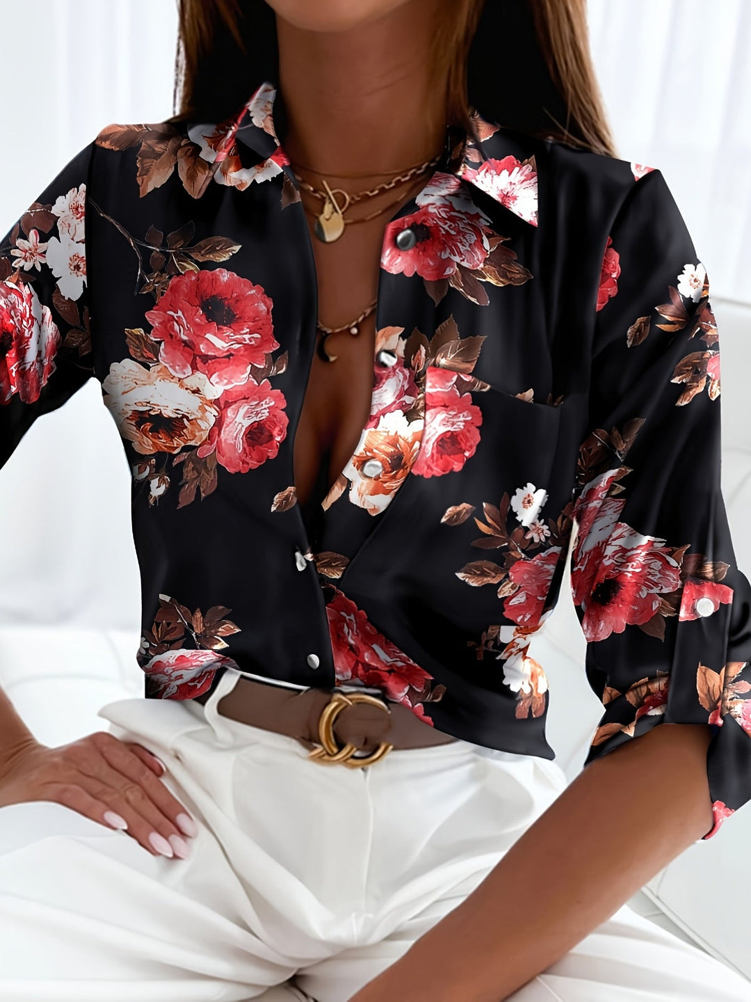 Celine™ | Long Sleeve V-Neck Printed Blouse