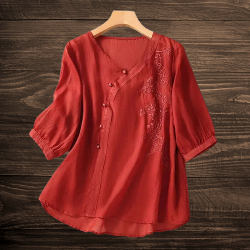 Isla™ | Retro Embroidered Cotton-Linen Blouse