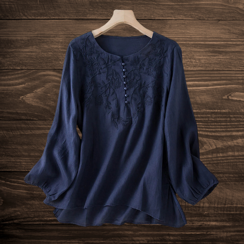 Mia™ | Embroidered Cotton-Linen Long Sleeve Blouse