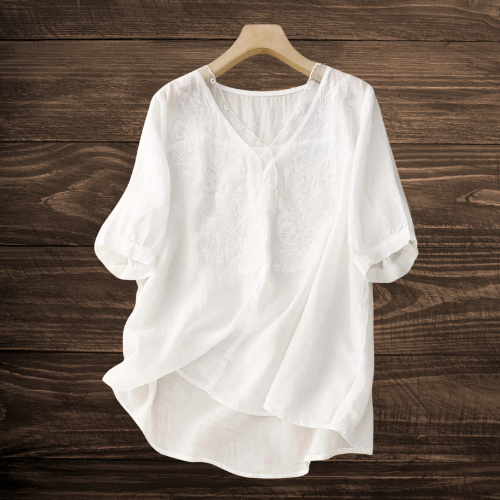 Lily™ | Vintage Cotton-Linen Short Sleeve Blouse