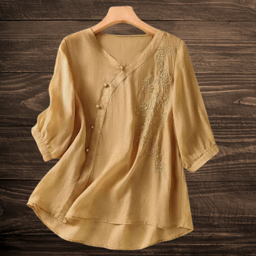 Isla™ | Retro Embroidered Cotton-Linen Blouse