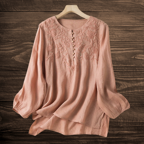 Mia™ | Embroidered Cotton-Linen Long Sleeve Blouse