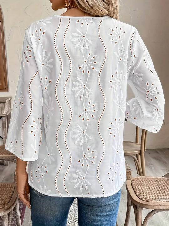 Isabella™ | Elegant V-Neck Embroidered Blouse with Lace Panel