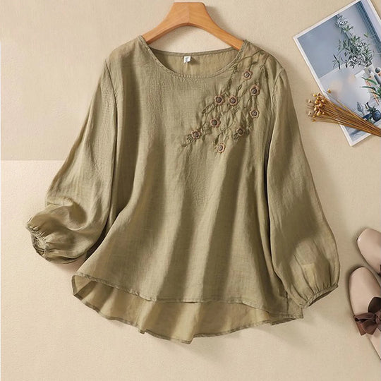 Laura™ | Vintage Cotton-Linen Long Sleeve Blouse