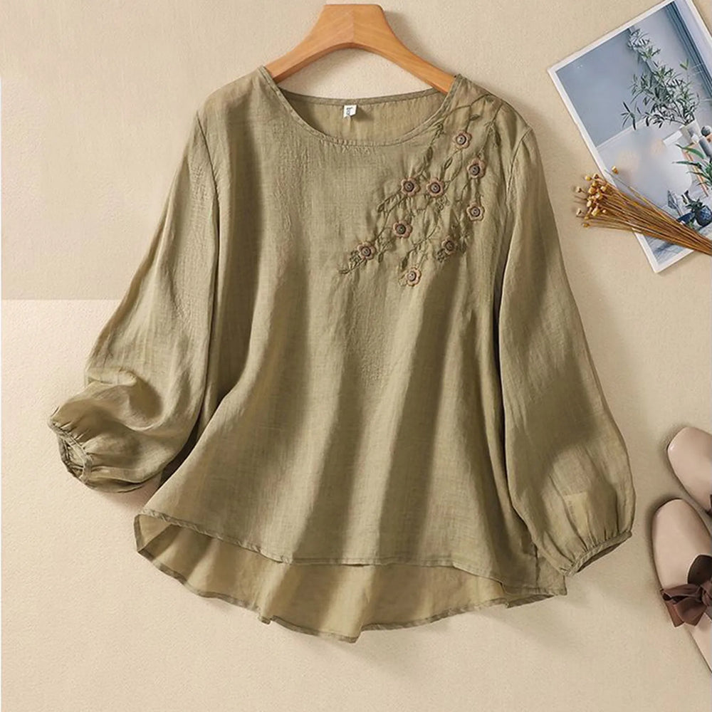 Vintage Cotton Linen T Shirt Women Casual Summer Long Sleeve Solid Loose Embroidered Tops and Blouses Elegant Floral Tee Shirt