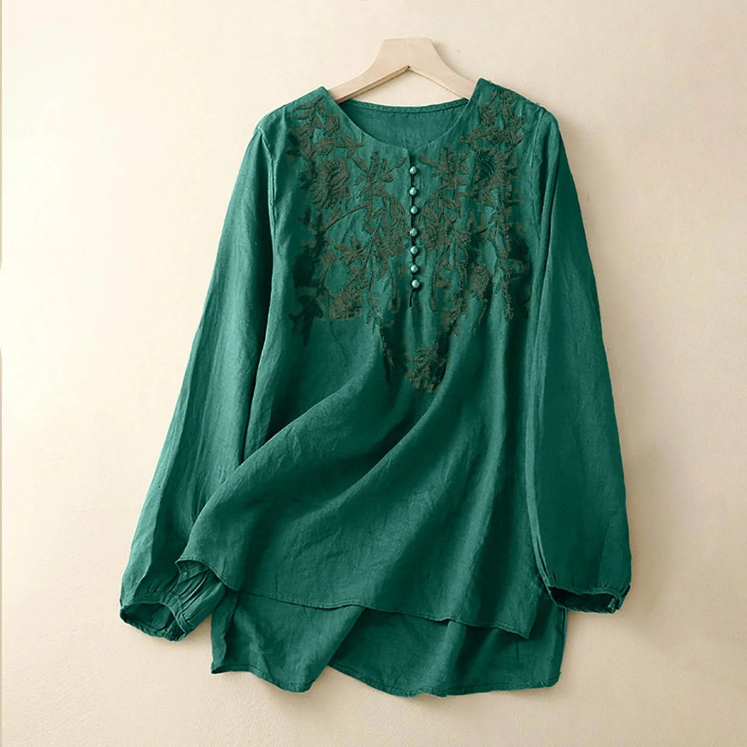 Mia™ | Embroidered Cotton-Linen Long Sleeve Blouse