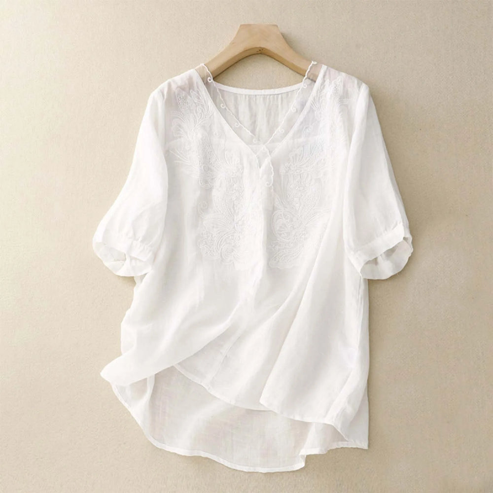 Medium Short Vintage Cotton Linen Blouse For Women Summer Thin V Short Sleeve Slim Fit T-Shirt Korean Series Design Sense Tops