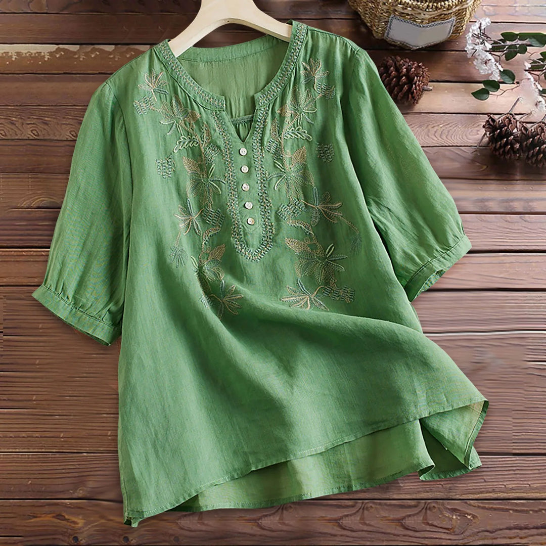 Summer Eleagnt Shirts Vintage Women Embroidery Blouse 3/4 Sleeve Tops Chemise Causal Loose Cotton Linen Blusas Femme Tunic 셔츠