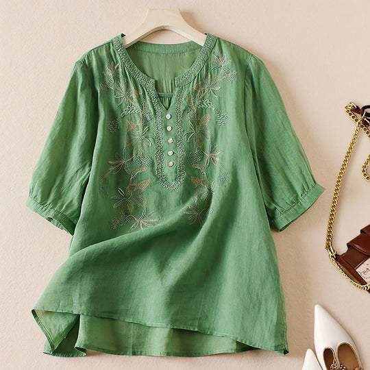 Luisa™ | Vintage Embroidered Cotton-Linen Blouse